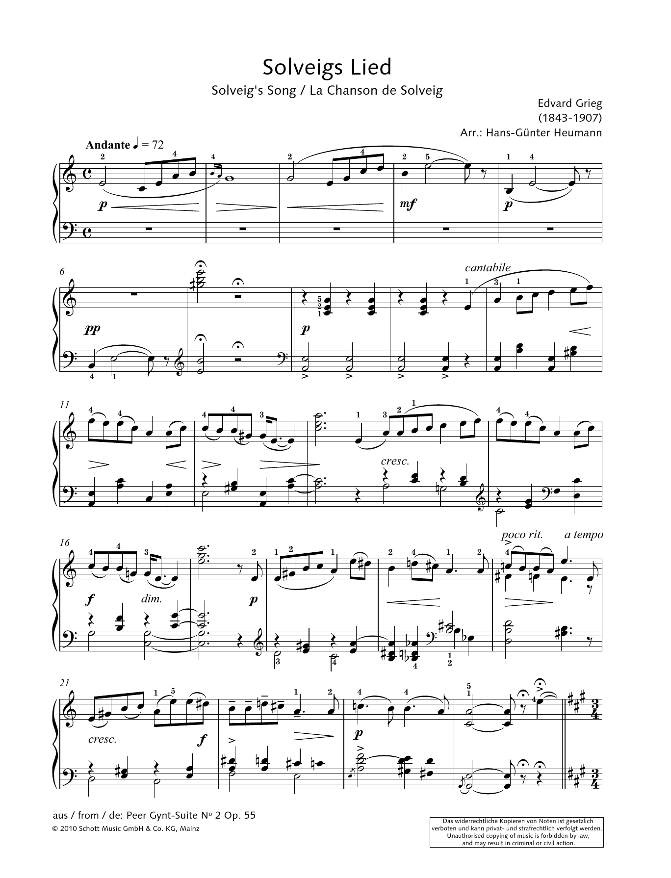 Download Hans-Gunter Heumann Solveig's Song Sheet Music and learn how to play Piano Solo PDF digital score in minutes