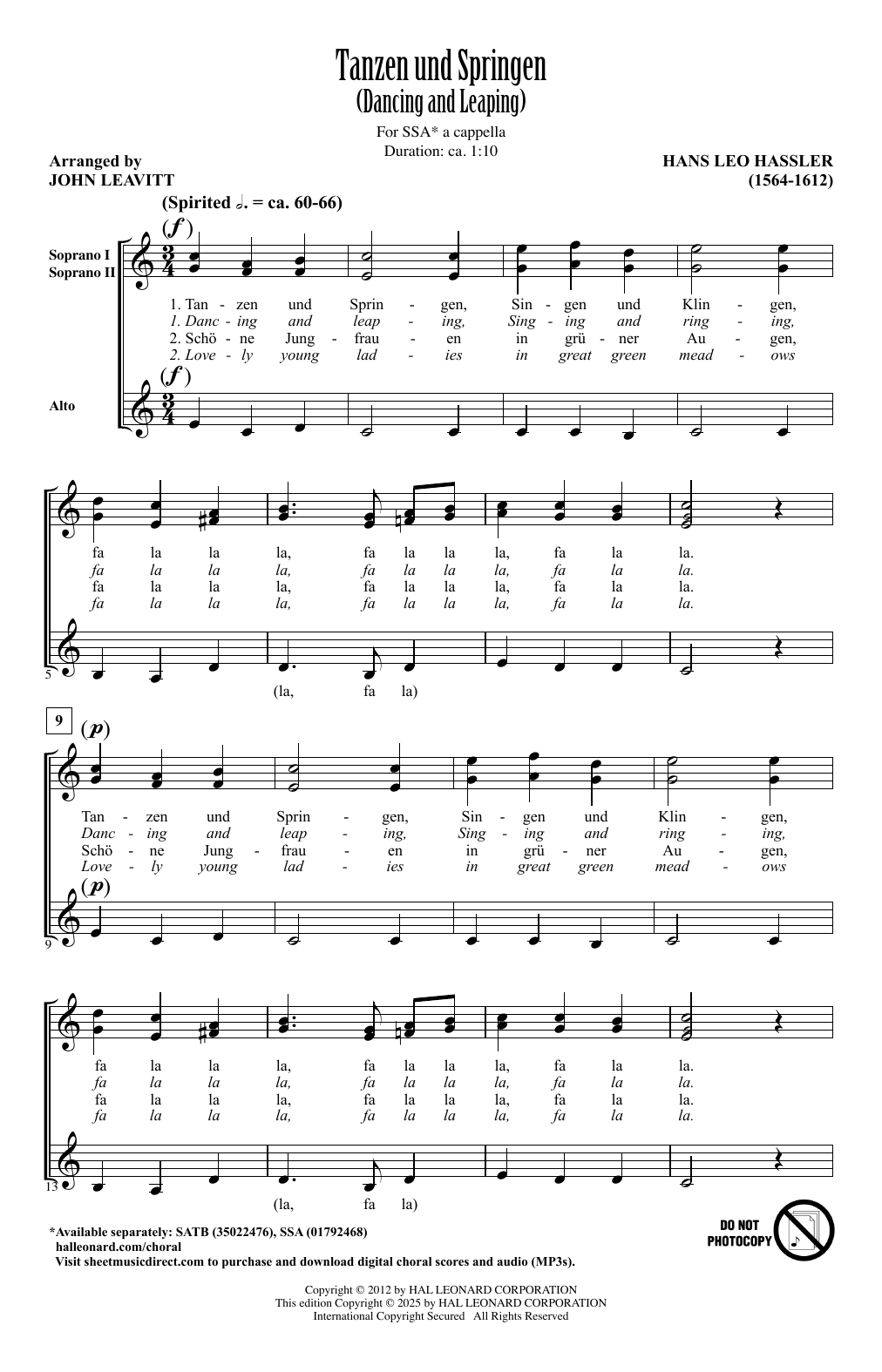 Download Hans Leo Hassler Tanzen Und Springen (Dancing And Leaping) (arr. John Leavitt) Sheet Music and learn how to play SSA Choir PDF digital score in minutes