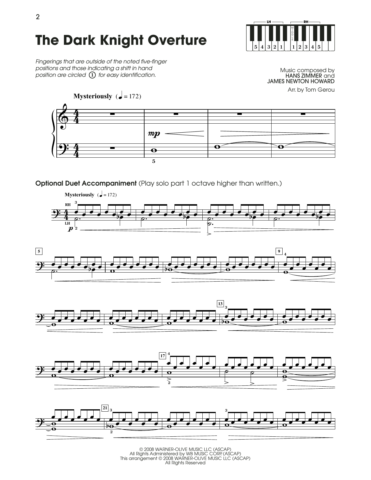 Download Hans Zimmer & James Newton Howard The Dark Knight Overture (from The Dark Knight) (arr. Tom Gerou) Sheet Music and learn how to play 5-Finger Piano PDF digital score in minutes