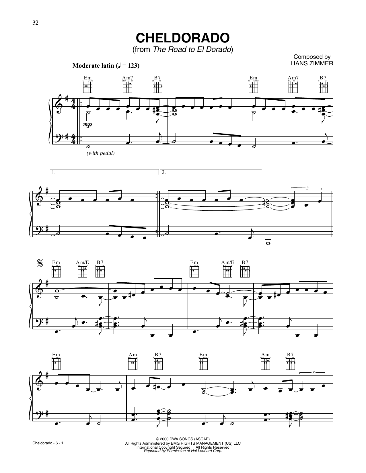 Download Hans Zimmer Cheldorado (from The Road To El Dorado) Sheet Music and learn how to play Piano Solo PDF digital score in minutes