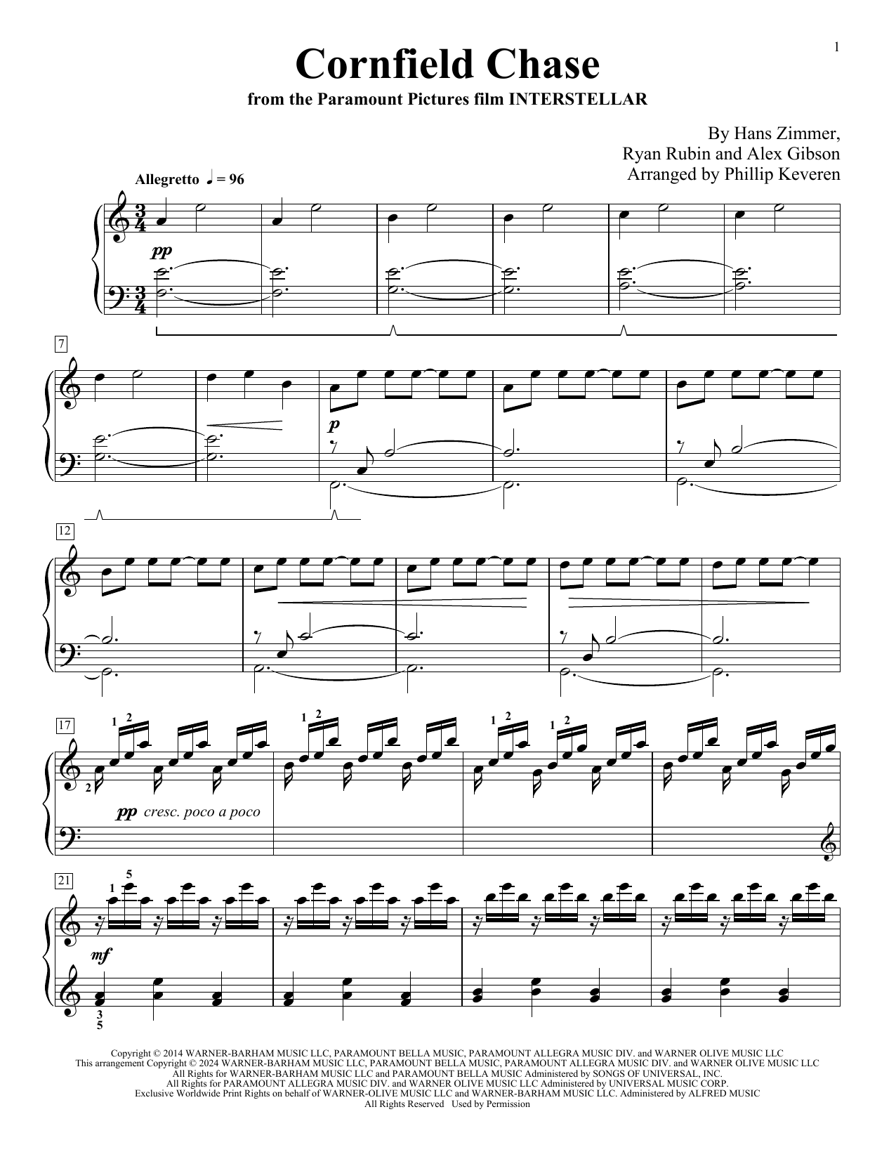 Download Hans Zimmer Cornfield Chase (from Interstellar) (arr. Phillip Keveren) Sheet Music and learn how to play Piano Solo PDF digital score in minutes