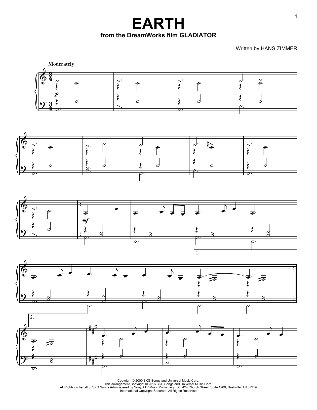 Download Hans Zimmer Earth Sheet Music and learn how to play Piano PDF digital score in minutes
