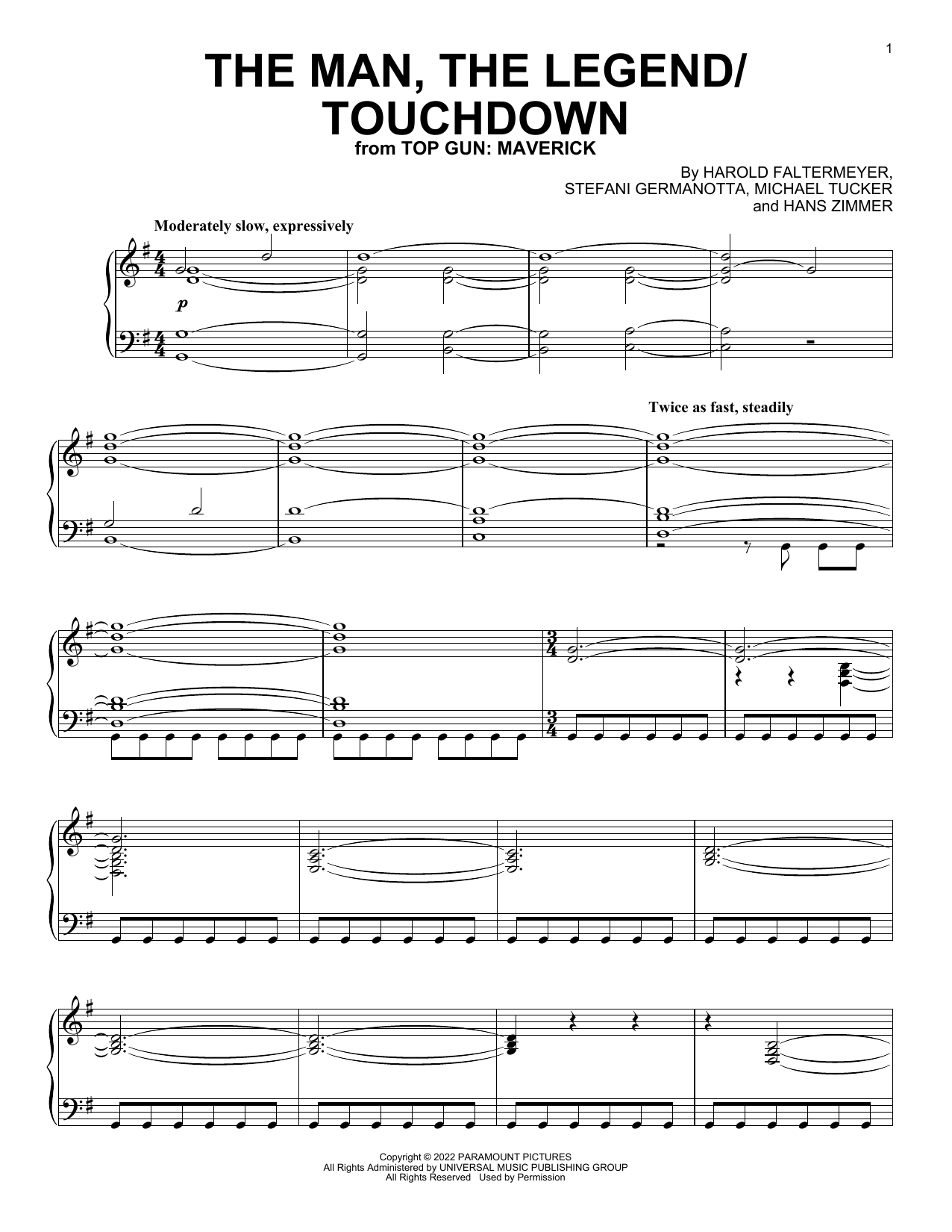 Download Hans Zimmer, Harold Faltermeyer, Lady Gaga & Lorne Balfe The Man, The Legend / Touchdown (from Top Gun: Maverick) Sheet Music and learn how to play Piano Solo PDF digital score in minutes