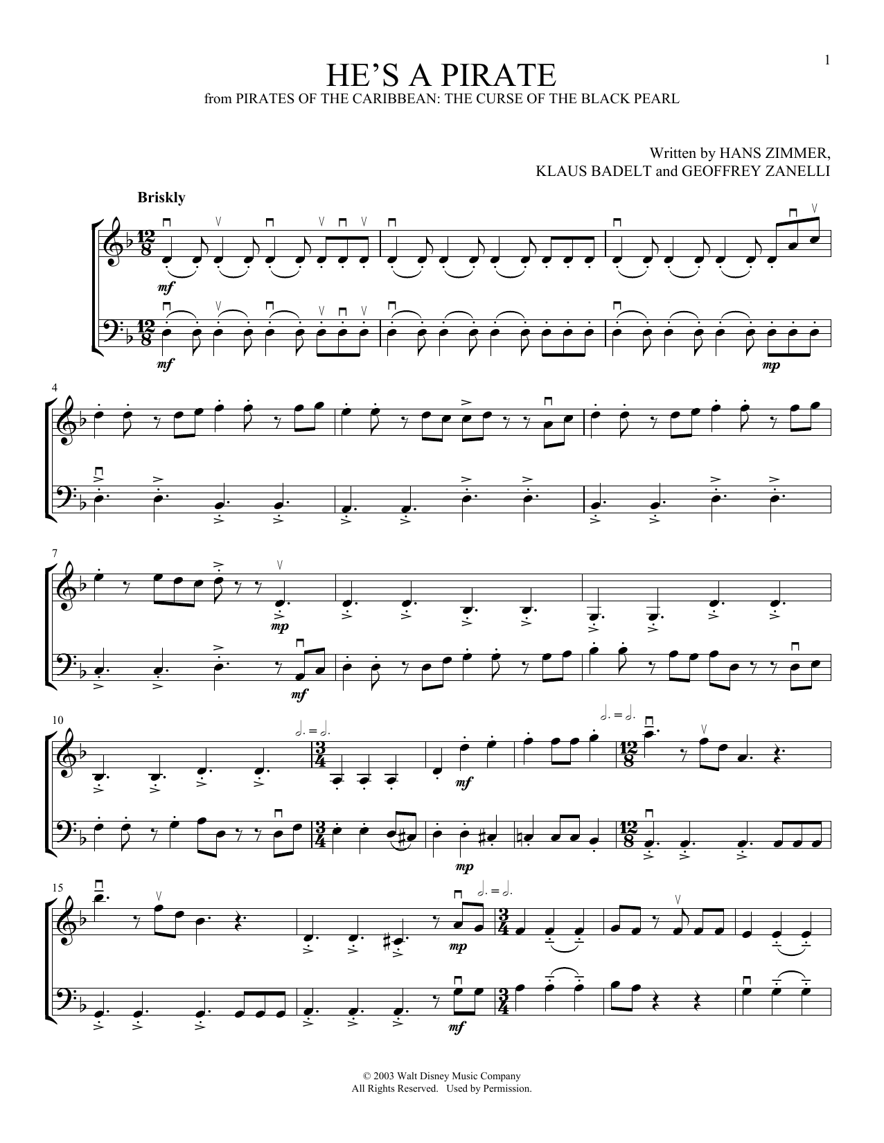 Download Hans Zimmer He's A Pirate (from Pirates Of The Caribbean: The Curse Of The Black Pearl) (arr Sheet Music and learn how to play Instrumental Duet PDF digital score in minutes