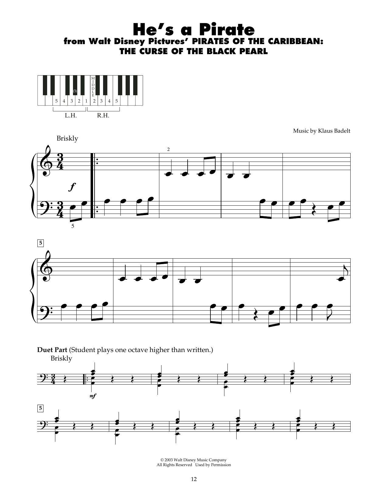 Download Hans Zimmer He's A Pirate (from Pirates Of The Caribbean: The Curse of the Black Pearl) Sheet Music and learn how to play 5-Finger Piano PDF digital score in minutes