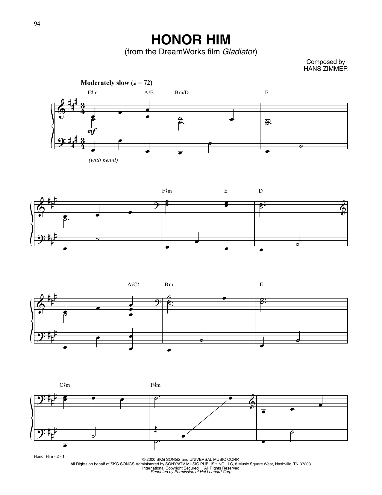 Download Hans Zimmer Honor Him (from Gladiator) Sheet Music and learn how to play Piano Solo PDF digital score in minutes