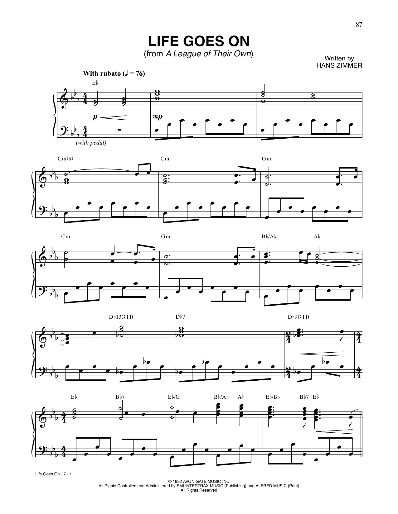 Download Hans Zimmer Life Goes On (from A League Of Their Own) Sheet Music and learn how to play Piano Solo PDF digital score in minutes