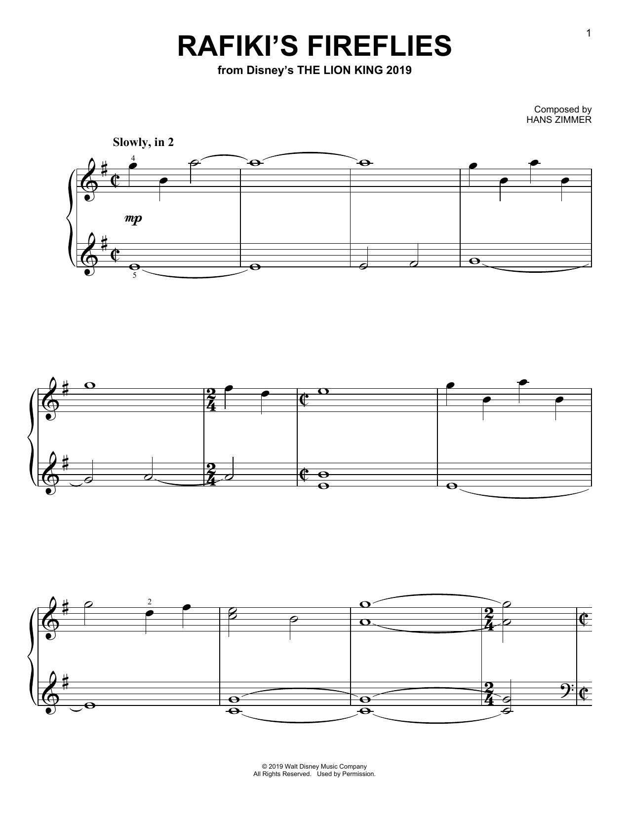 Download Hans Zimmer Rafiki's Fireflies (from The Lion King 2019) Sheet Music and learn how to play Easy Piano PDF digital score in minutes