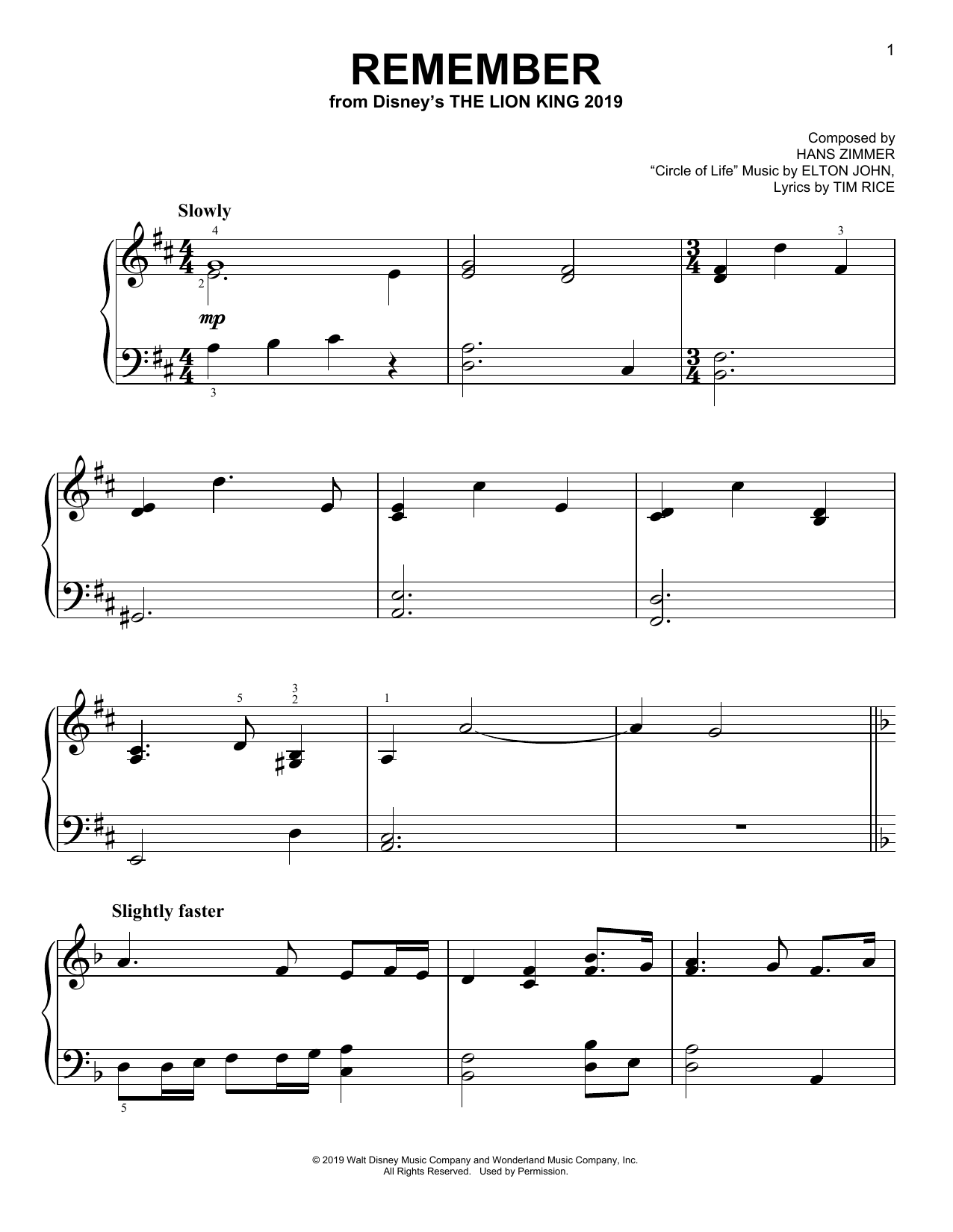Download Hans Zimmer Remember (from The Lion King 2019) Sheet Music and learn how to play Easy Piano PDF digital score in minutes