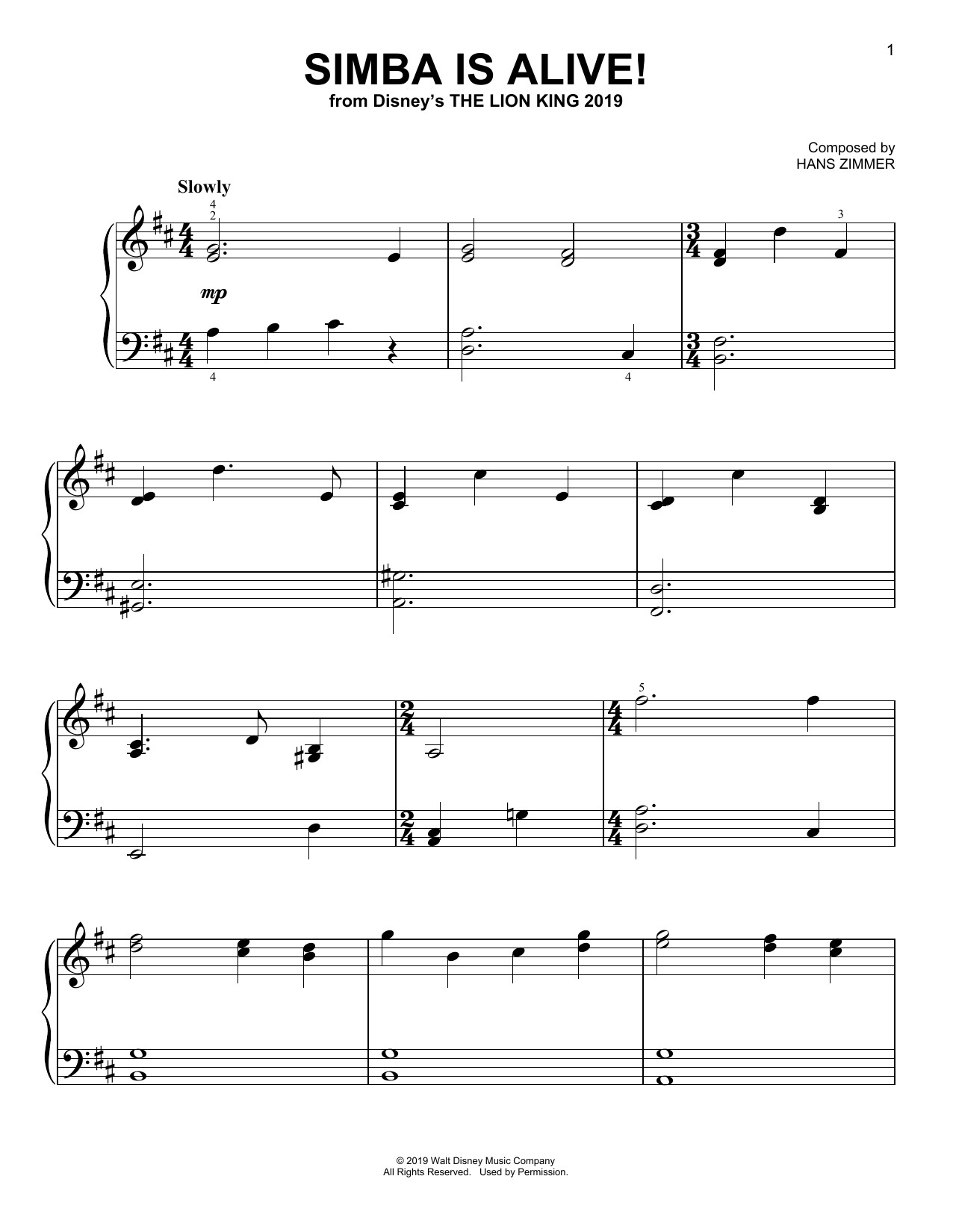Download Hans Zimmer Simba Is Alive! (from The Lion King 2019) Sheet Music and learn how to play Piano Solo PDF digital score in minutes