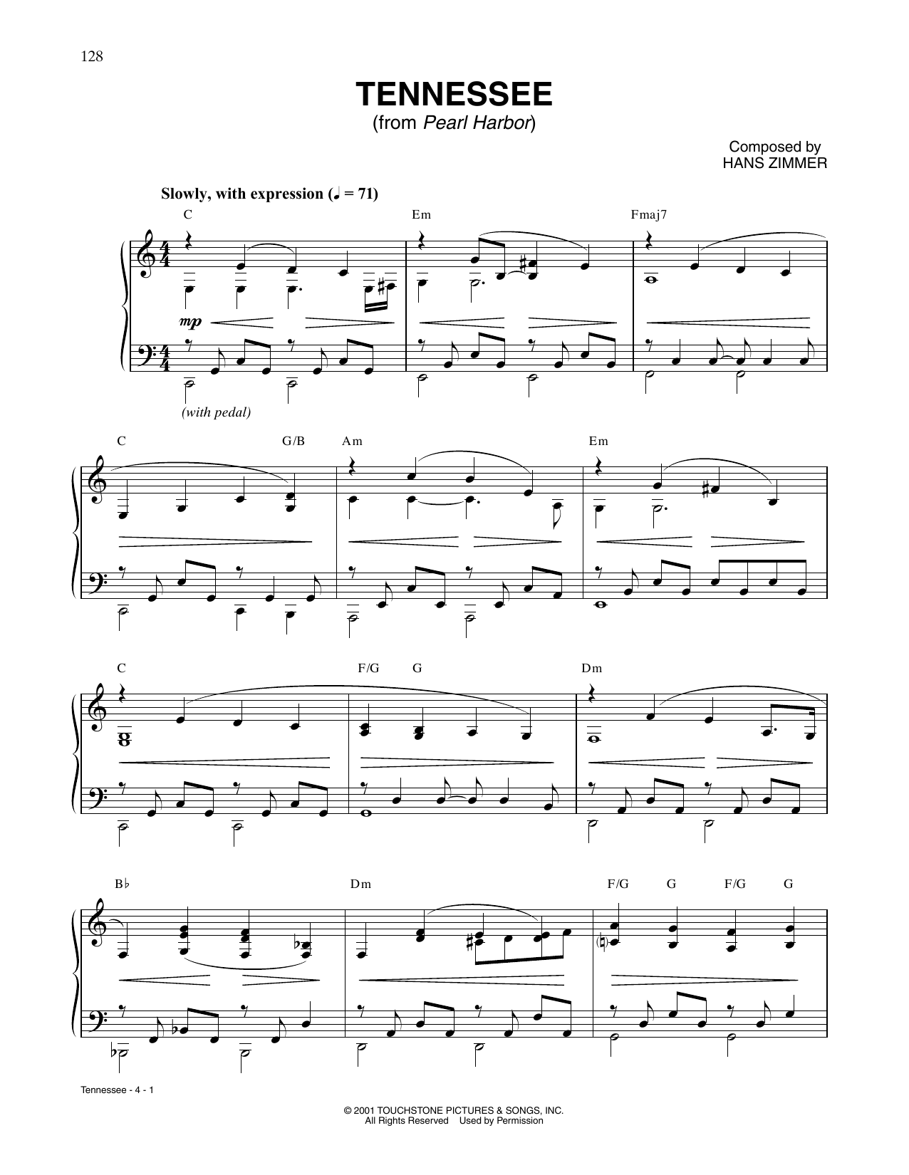Download Hans Zimmer Tennessee (from Pearl Harbor) Sheet Music and learn how to play Piano Solo PDF digital score in minutes