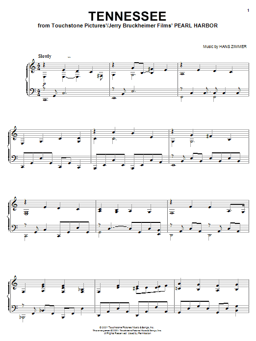 Download Hans Zimmer Tennessee (from Pearl Harbor) Sheet Music and learn how to play Piano PDF digital score in minutes