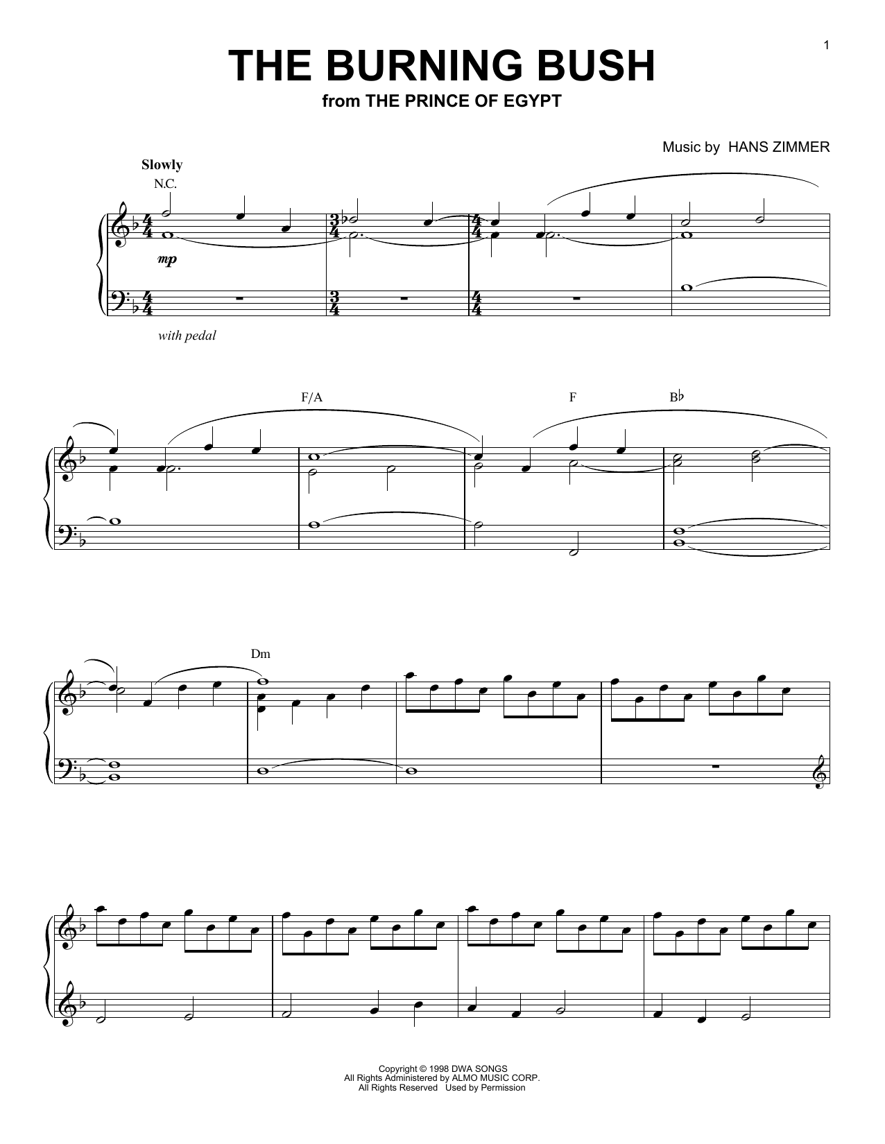 Download Hans Zimmer The Burning Bush (from The Prince of Egypt) Sheet Music and learn how to play Piano Solo PDF digital score in minutes