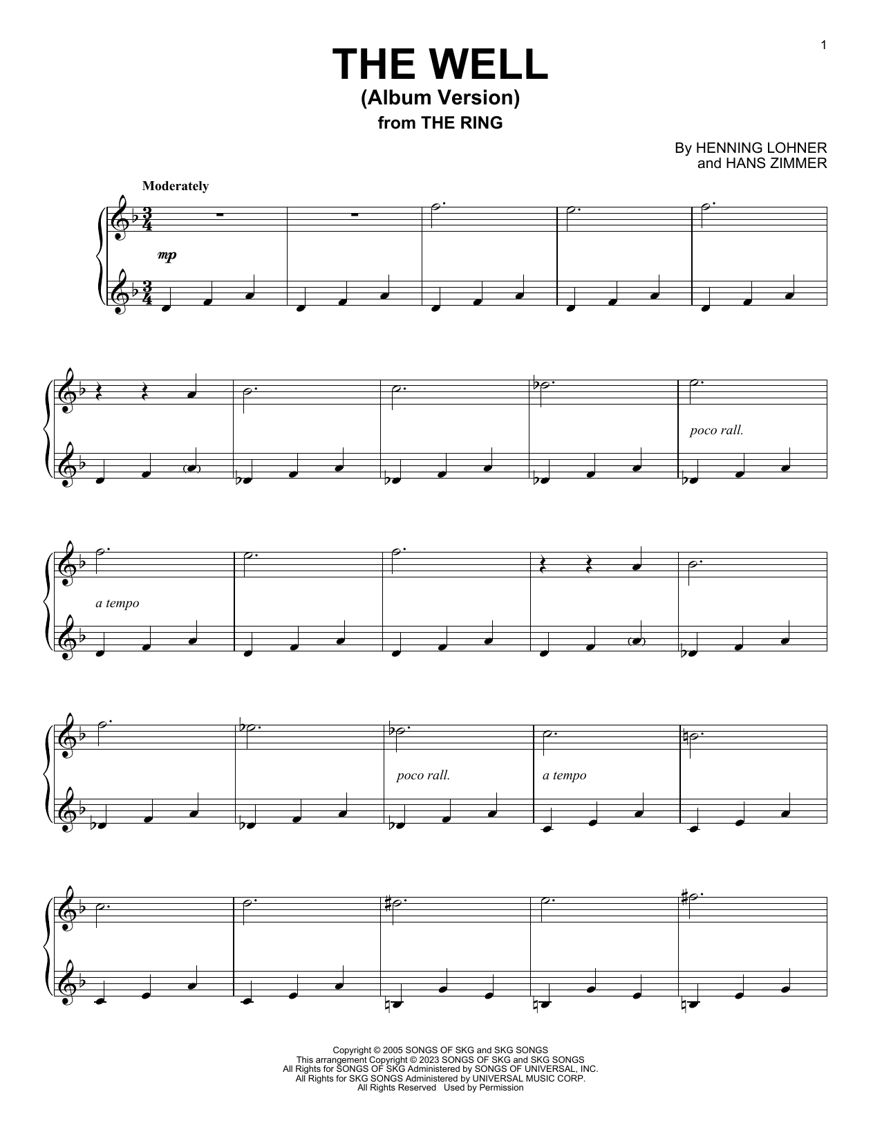 Download Hans Zimmer The Well (Album Version) (from The Ring) Sheet Music and learn how to play Piano Solo PDF digital score in minutes