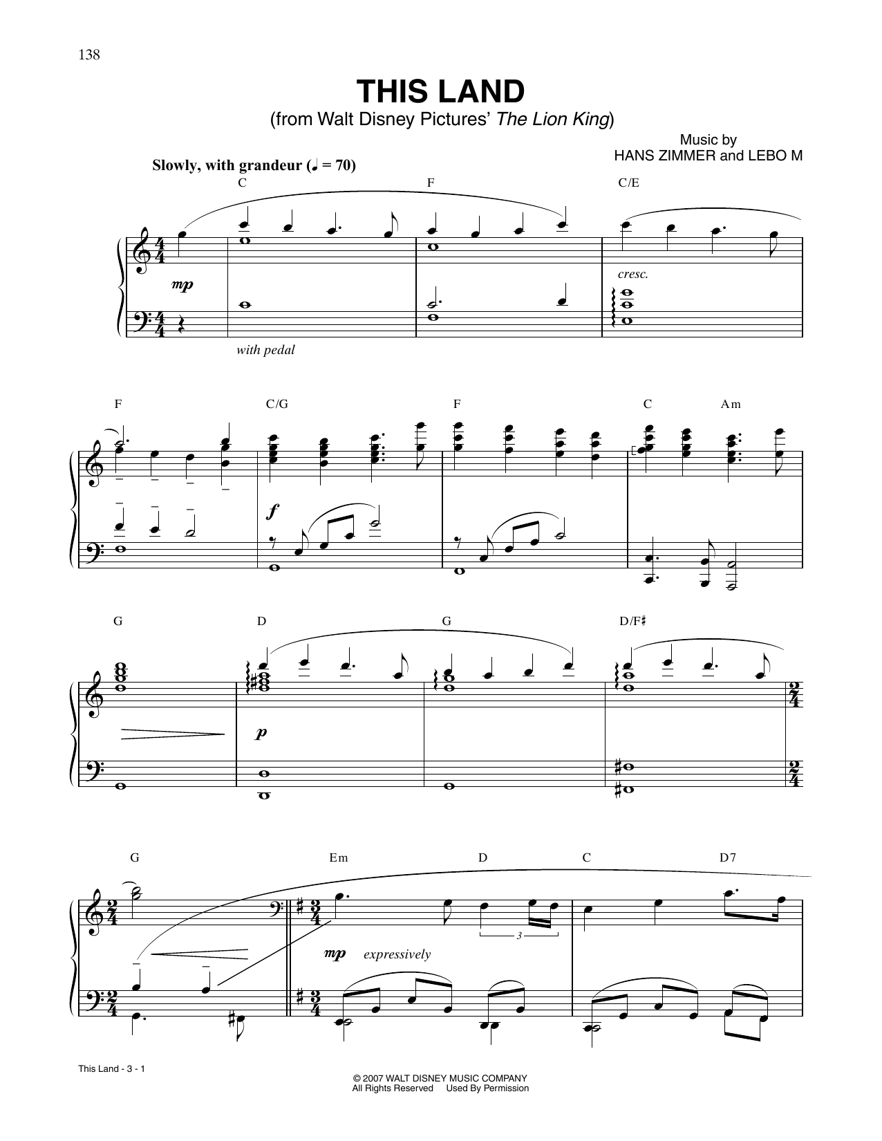 Download Hans Zimmer This Land (from The Lion King) Sheet Music and learn how to play Piano Solo PDF digital score in minutes