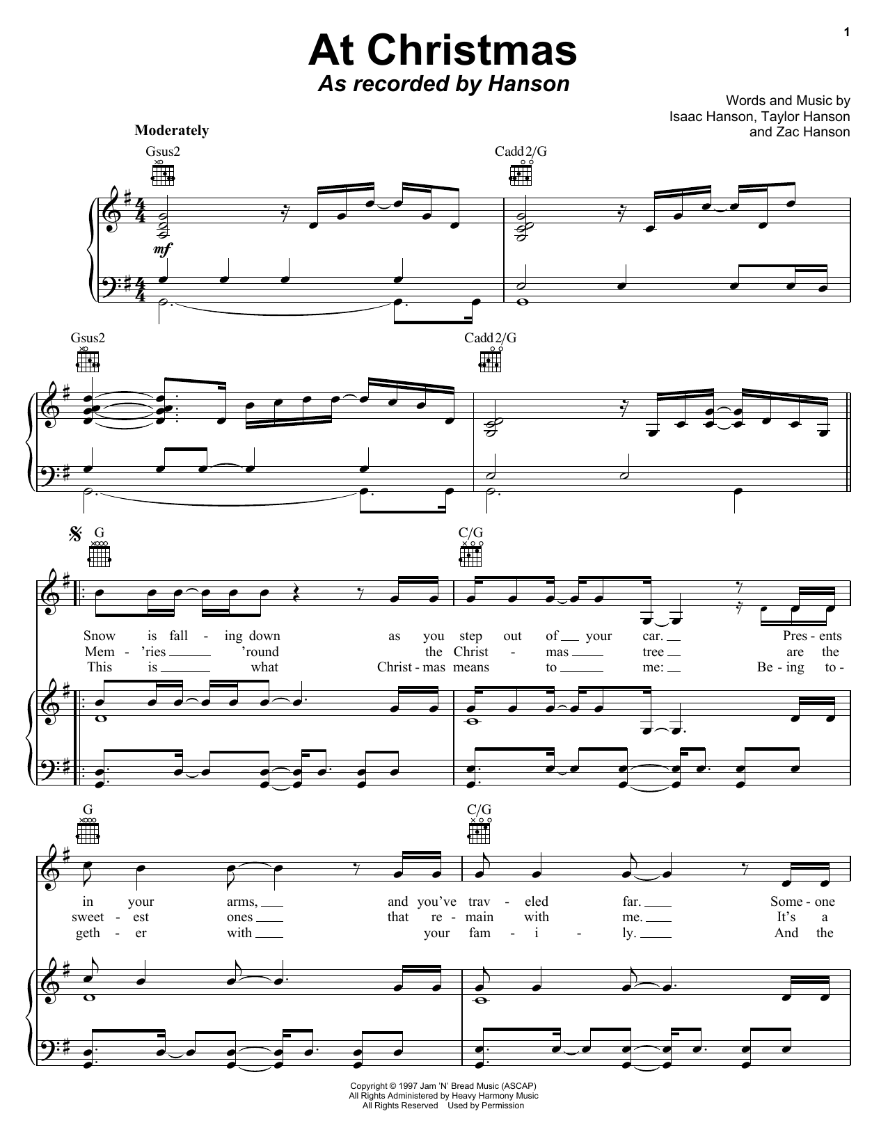 Download Hanson At Christmas Sheet Music and learn how to play Piano, Vocal & Guitar Chords (Right-Hand Melody) PDF digital score in minutes