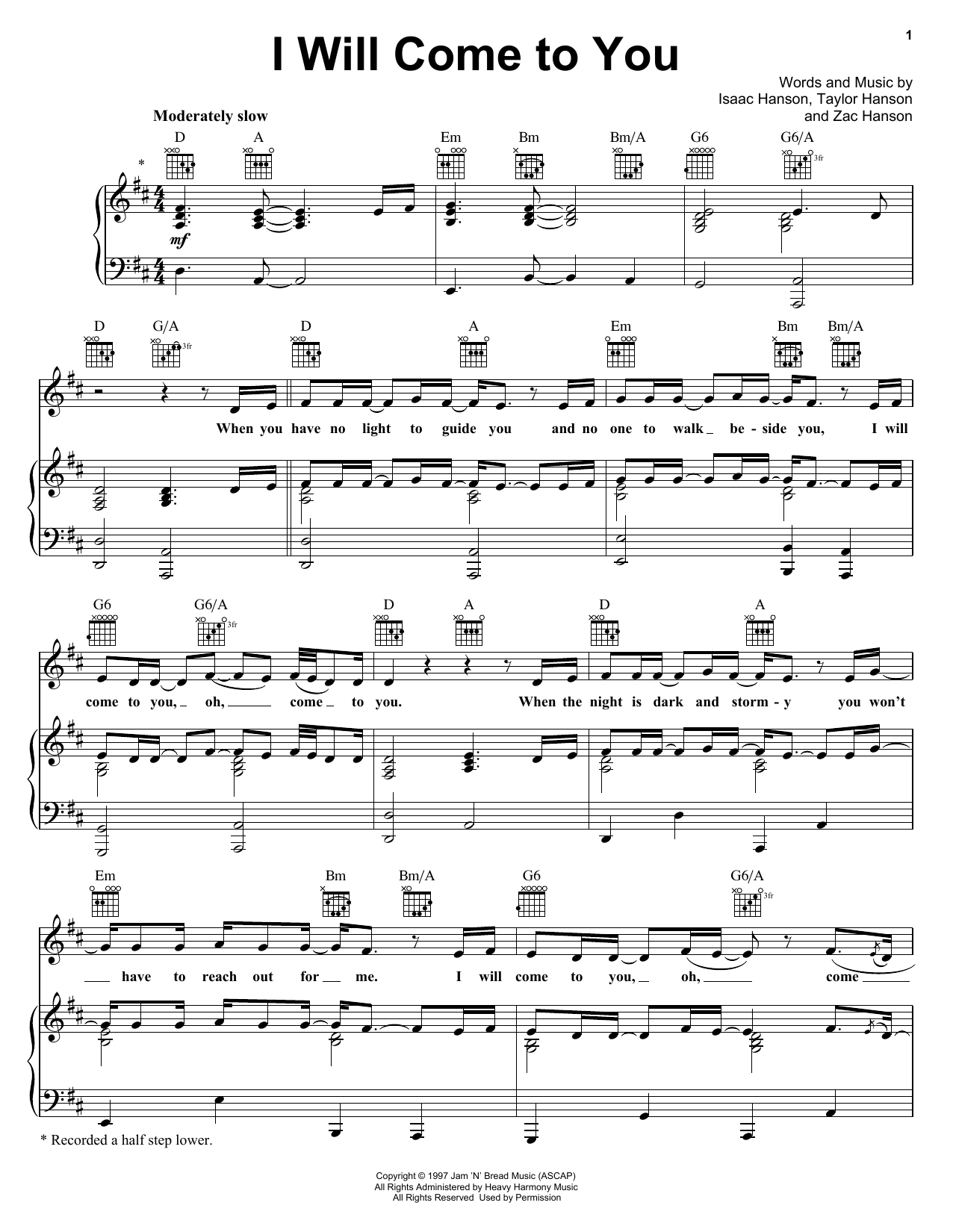 Download Hanson I Will Come To You Sheet Music and learn how to play Piano, Vocal & Guitar Chords (Right-Hand Melody) PDF digital score in minutes
