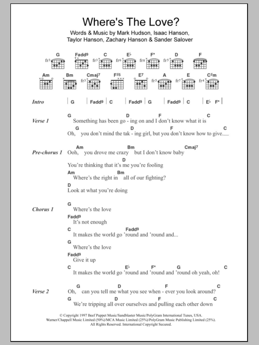 Download Hanson Where's The Love Sheet Music and learn how to play Lyrics & Chords PDF digital score in minutes