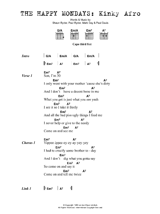 Download Happy Mondays Kinky Afro Sheet Music and learn how to play Lyrics & Chords PDF digital score in minutes