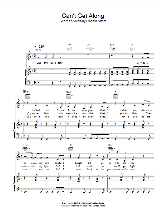 Download Hard-Fi Can't Get Along (Without You) Sheet Music and learn how to play Piano, Vocal & Guitar PDF digital score in minutes