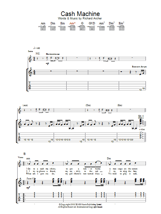 Download Hard-Fi Cash Machine Sheet Music and learn how to play Guitar Tab PDF digital score in minutes