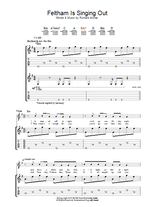 Download Hard-Fi Feltham Is Singing Out Sheet Music and learn how to play Guitar Tab PDF digital score in minutes
