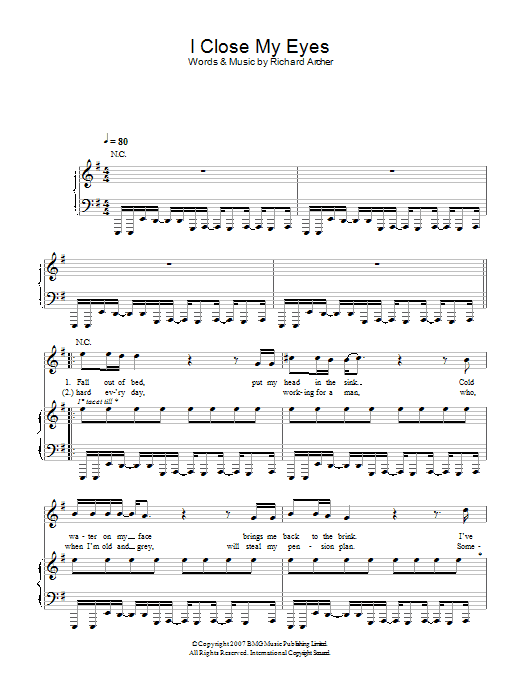 Download Hard-Fi I Close My Eyes Sheet Music and learn how to play Piano, Vocal & Guitar PDF digital score in minutes