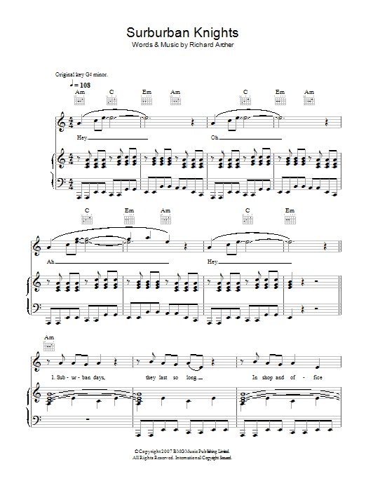 Download Hard-Fi Suburban Knights Sheet Music and learn how to play Piano, Vocal & Guitar PDF digital score in minutes