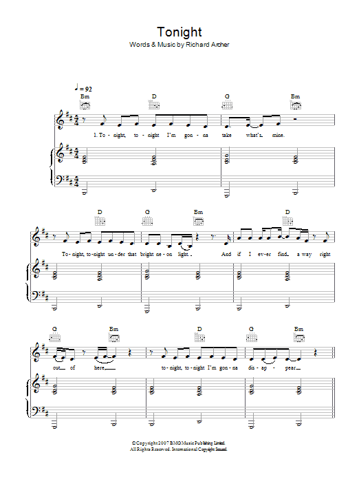Download Hard-Fi Tonight Sheet Music and learn how to play Piano, Vocal & Guitar PDF digital score in minutes