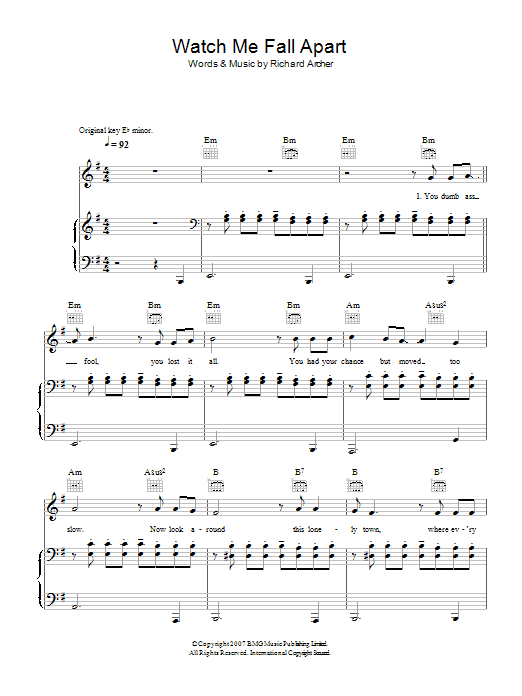 Download Hard-Fi Watch Me Fall Apart Sheet Music and learn how to play Piano, Vocal & Guitar PDF digital score in minutes