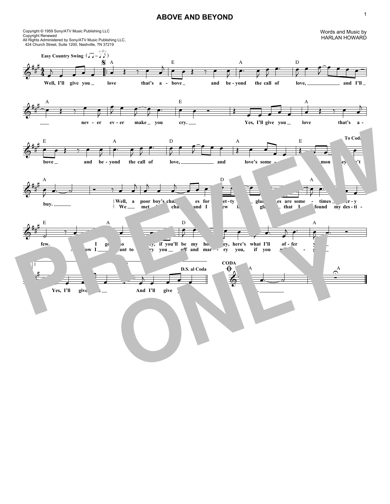 Download Harlan Howard Above And Beyond Sheet Music and learn how to play Lead Sheet / Fake Book PDF digital score in minutes