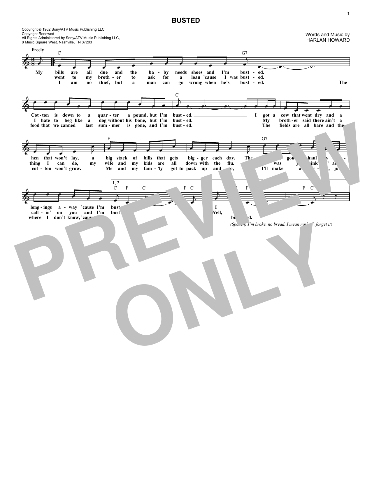 Download Harlan Howard Busted Sheet Music and learn how to play Melody Line, Lyrics & Chords PDF digital score in minutes