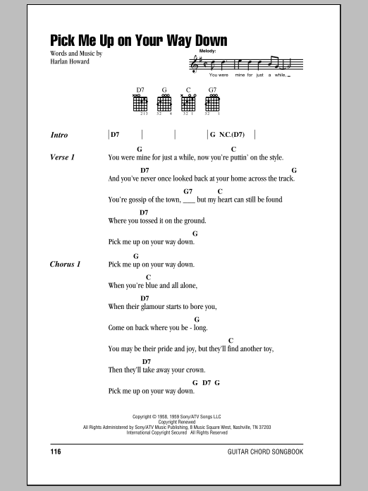 Download Harlan Howard Pick Me Up On Your Way Down Sheet Music and learn how to play Lyrics & Chords PDF digital score in minutes