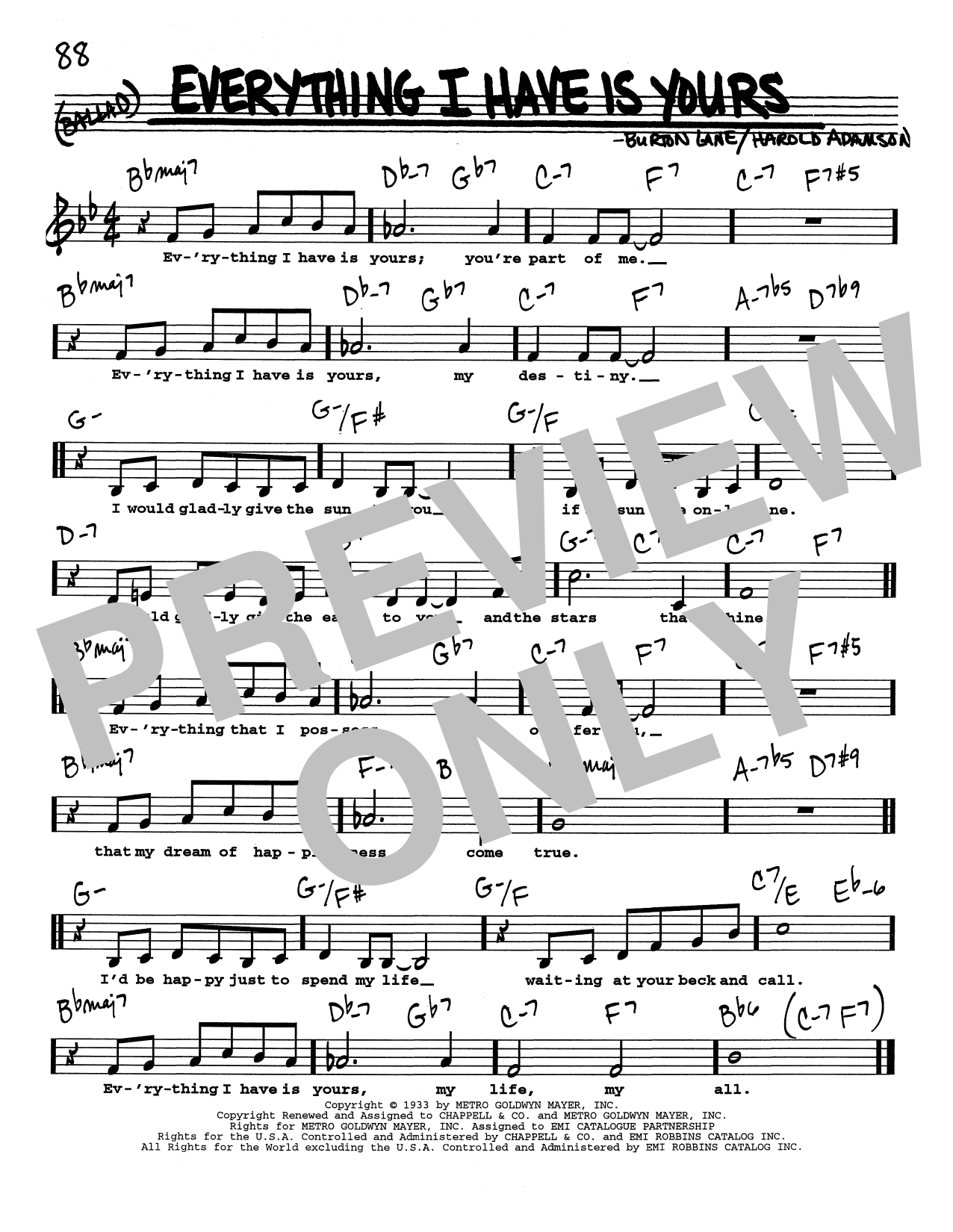 Download Harold Adamson Everything I Have Is Yours (Low Voice) Sheet Music and learn how to play Real Book – Melody, Lyrics & Chords PDF digital score in minutes