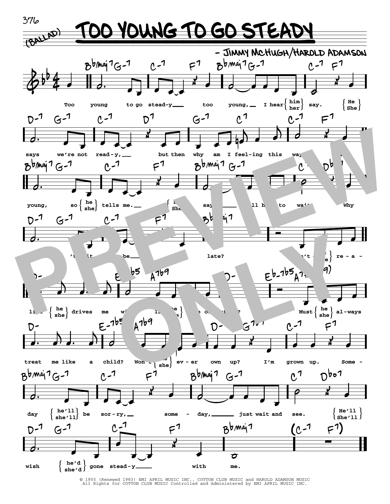 Download Harold Adamson Too Young To Go Steady (Low Voice) Sheet Music and learn how to play Real Book – Melody, Lyrics & Chords PDF digital score in minutes