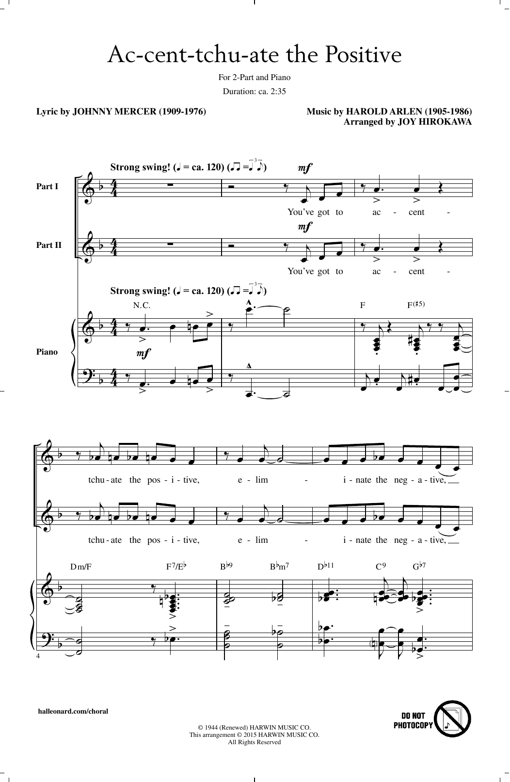 Download Harold Arlen Ac-cent-tchu-ate The Positive (arr. Joy Hirokawa) Sheet Music and learn how to play 2-Part Choir PDF digital score in minutes