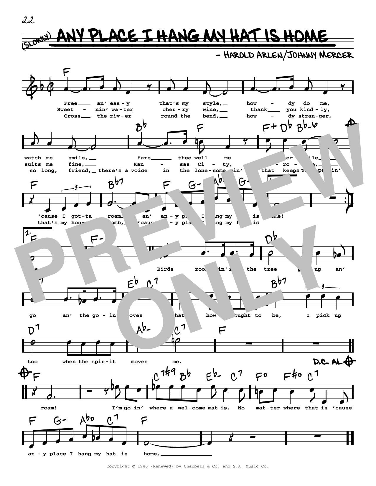 Download Harold Arlen and Johnny Mercer Any Place I Hang My Hat Is Home (High Voice) (from St. Louis Woman) Sheet Music and learn how to play Real Book – Melody, Lyrics & Chords PDF digital score in minutes
