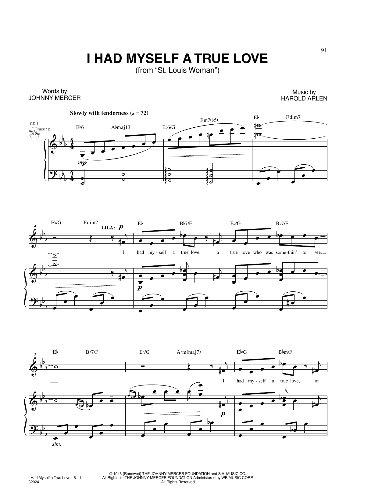 Download Harold Arlen and Johnny Mercer I Had Myself A True Love (from St. Louis Woman) Sheet Music and learn how to play Piano & Vocal PDF digital score in minutes