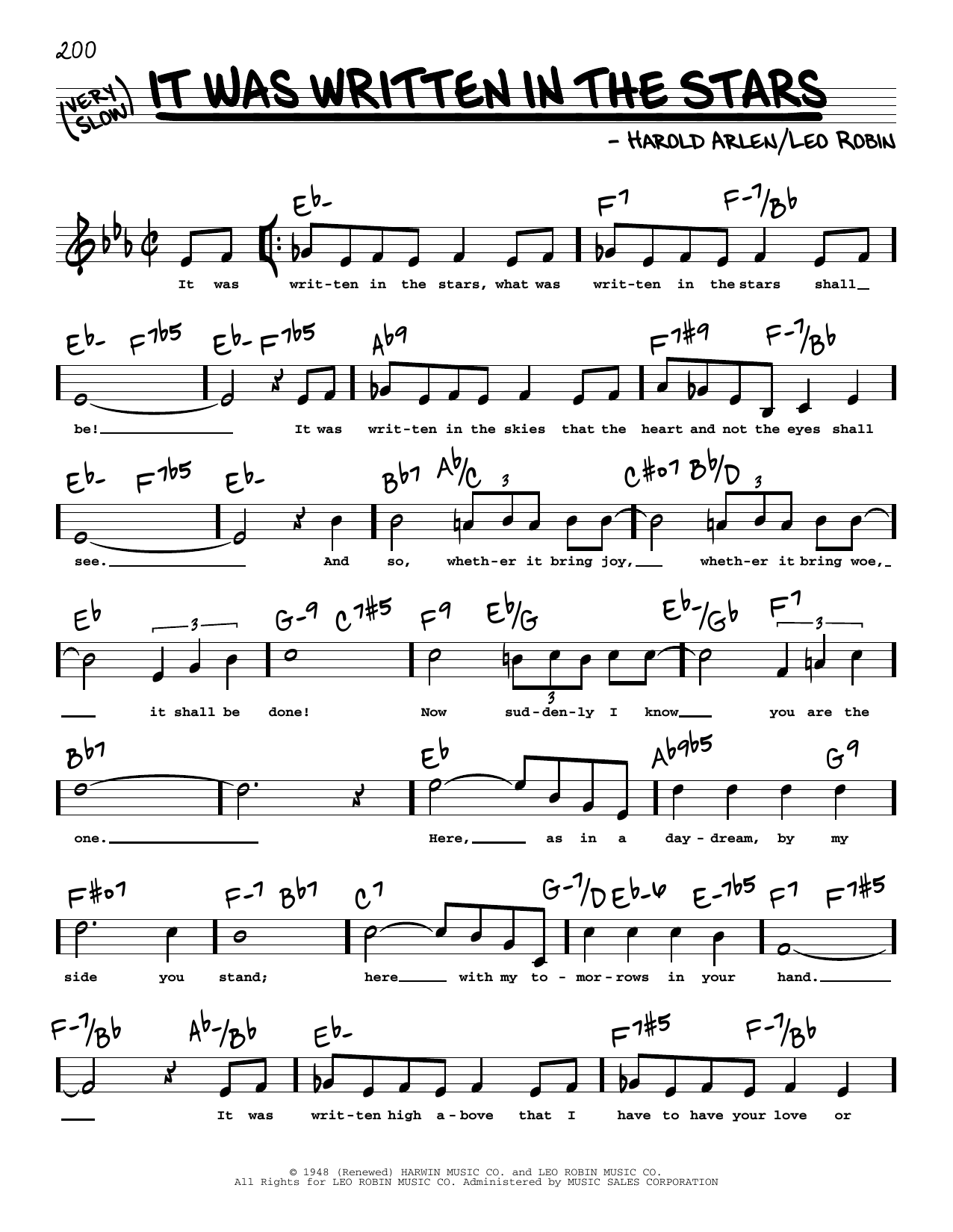Download Harold Arlen and Leo Robin It Was Written In The Stars (High Voice) (from Casbah) Sheet Music and learn how to play Real Book – Melody, Lyrics & Chords PDF digital score in minutes