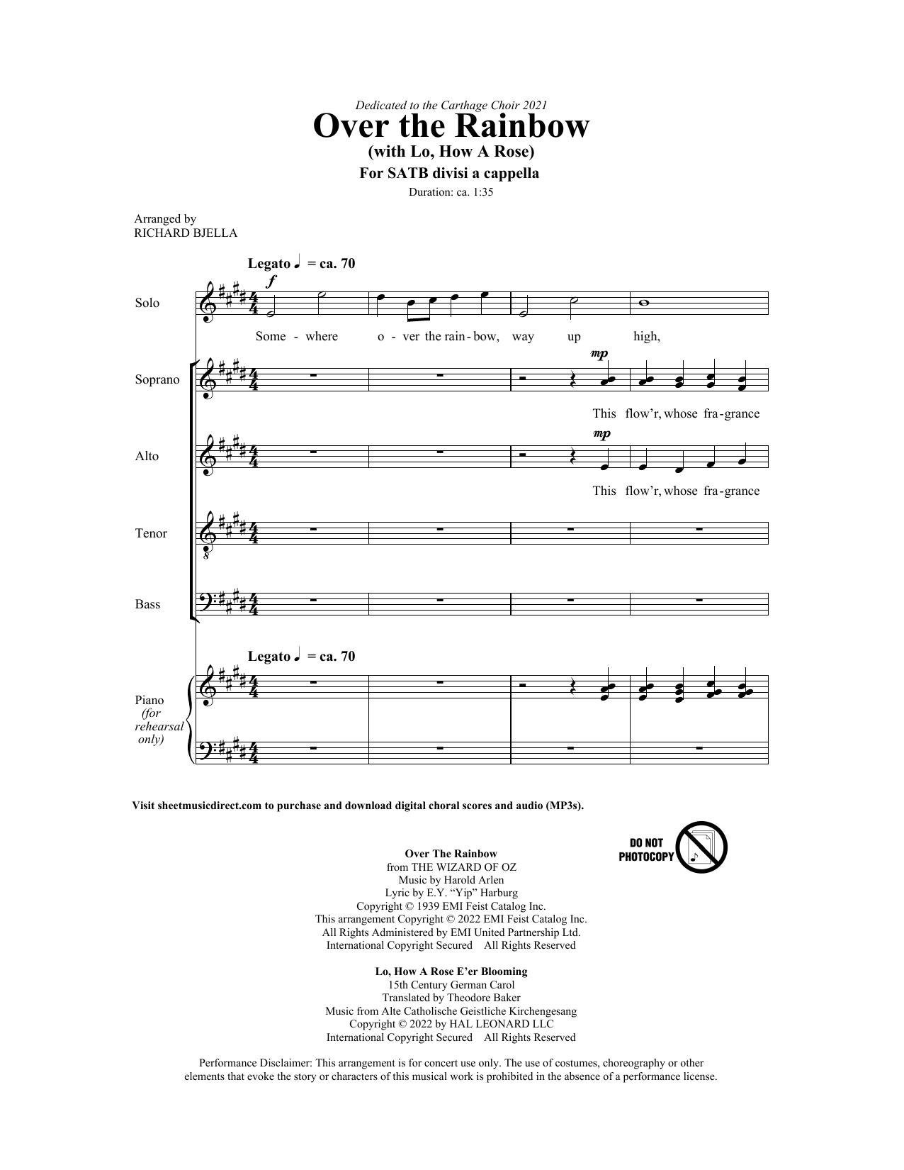 Download Harold Arlen and Michael Praetorius Over The Rainbow (with Lo How a Rose) (arr. Richard Bjella) Sheet Music and learn how to play SATB Choir PDF digital score in minutes