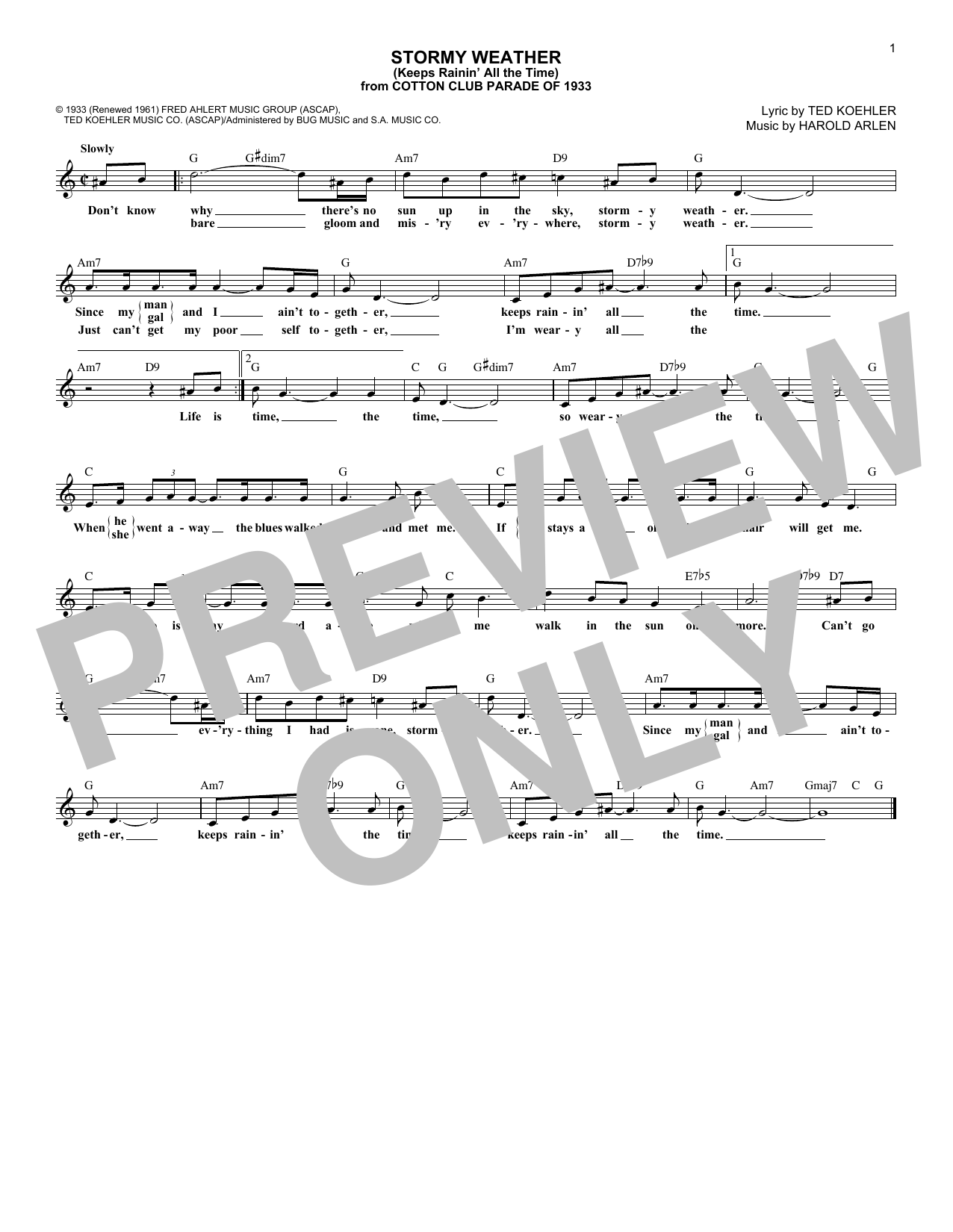 Download Harold Arlen and Ted Koehler Stormy Weather (Keeps Rainin' All The Time) Sheet Music and learn how to play Lead Sheet / Fake Book PDF digital score in minutes