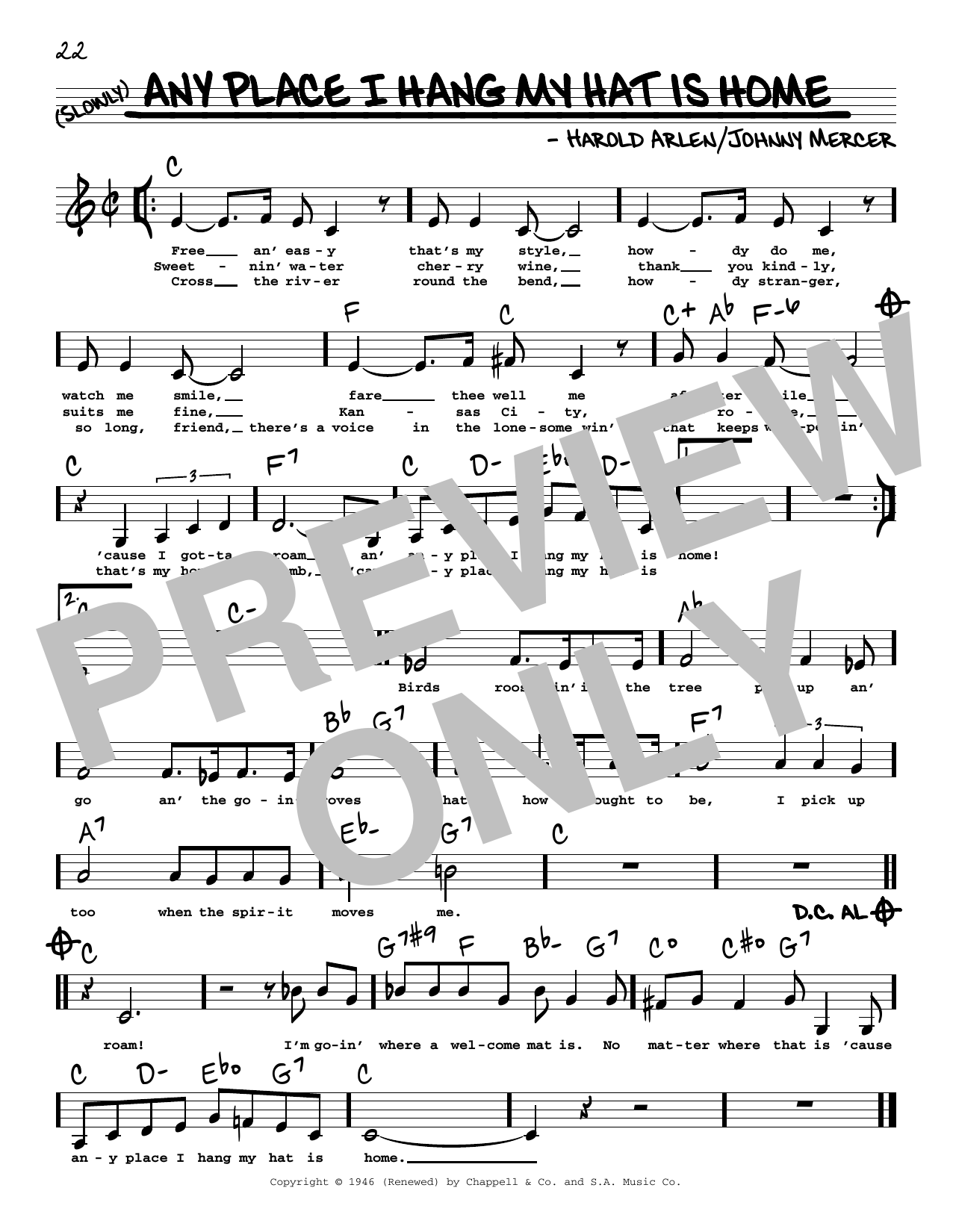 Download Harold Arlen Any Place I Hang My Hat Is Home (Low Voice) Sheet Music and learn how to play Real Book – Melody, Lyrics & Chords PDF digital score in minutes