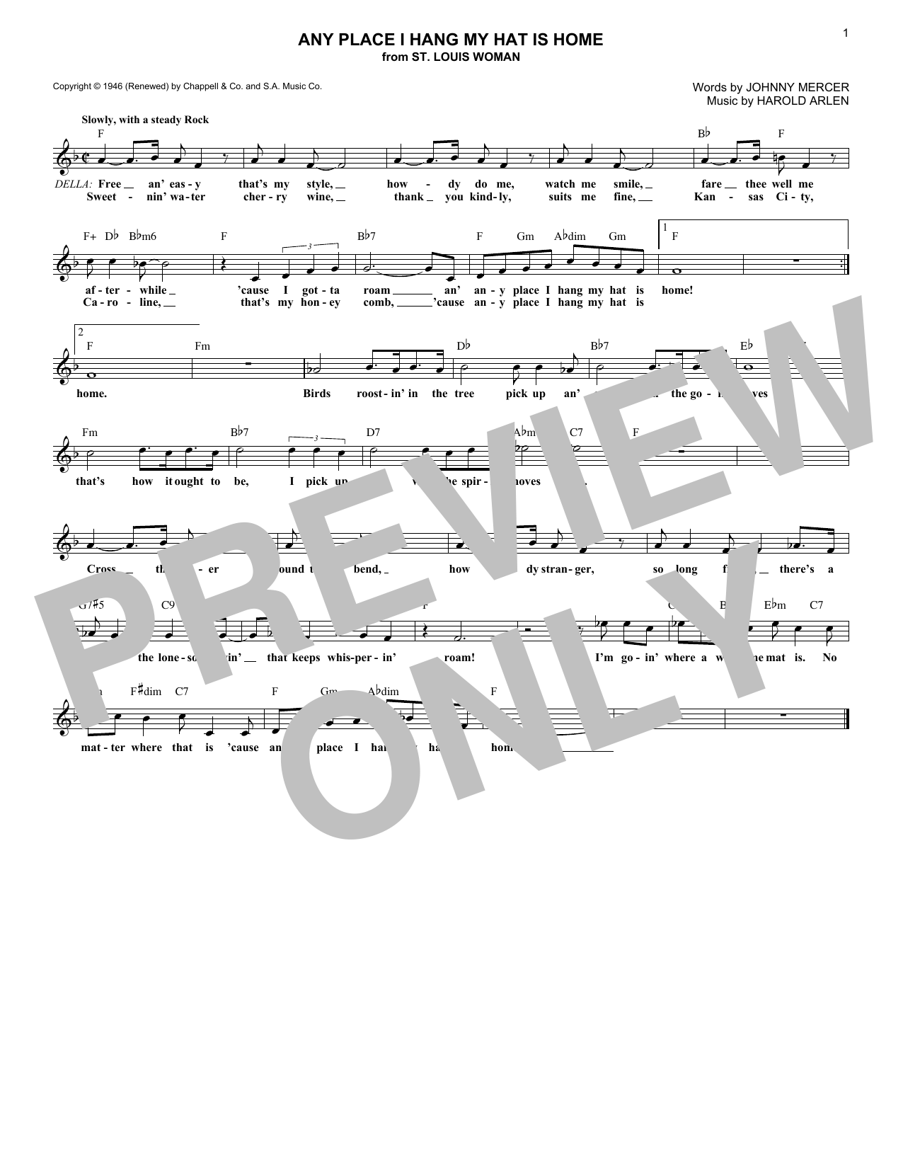 Download Harold Arlen Any Place I Hang My Hat Is Home Sheet Music and learn how to play Melody Line, Lyrics & Chords PDF digital score in minutes