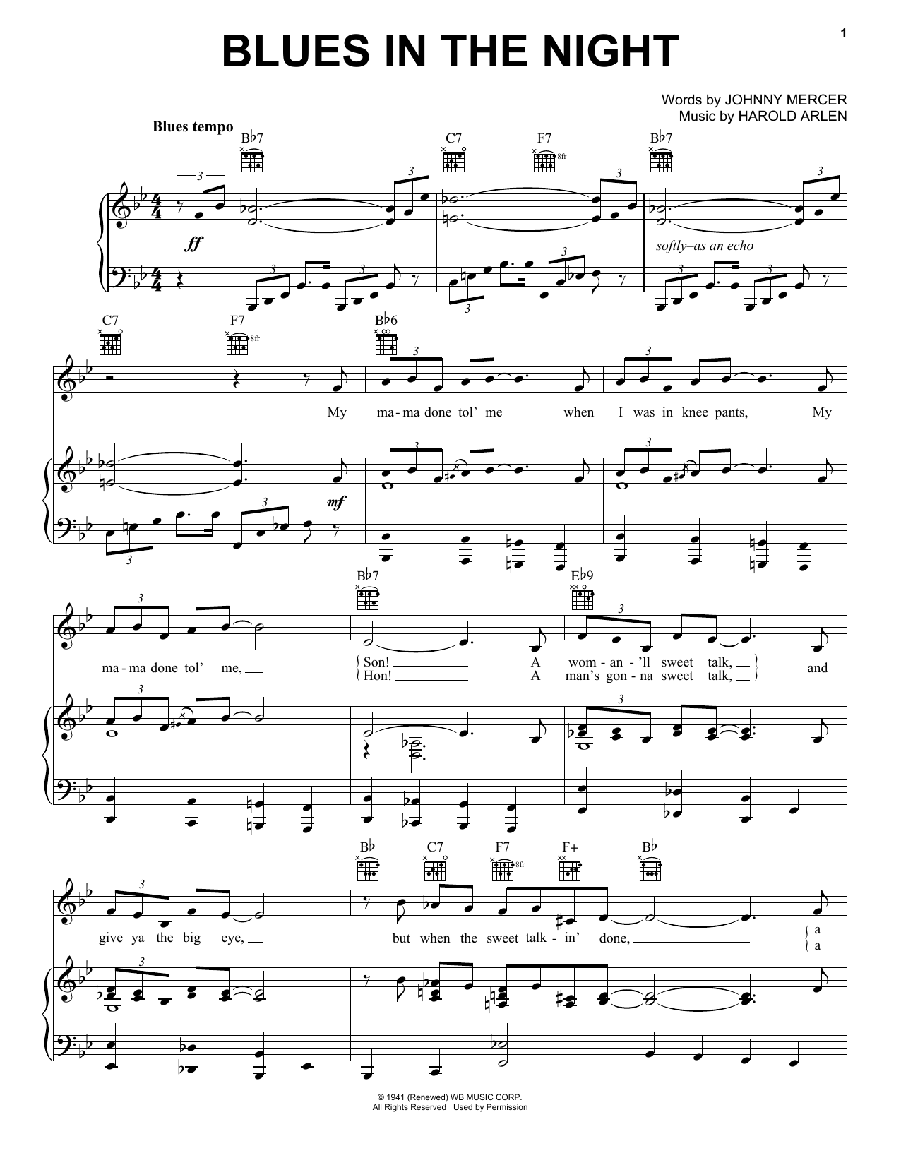 Download Johnny Mercer Blues In The Night Sheet Music and learn how to play Piano, Vocal & Guitar (Right-Hand Melody) PDF digital score in minutes