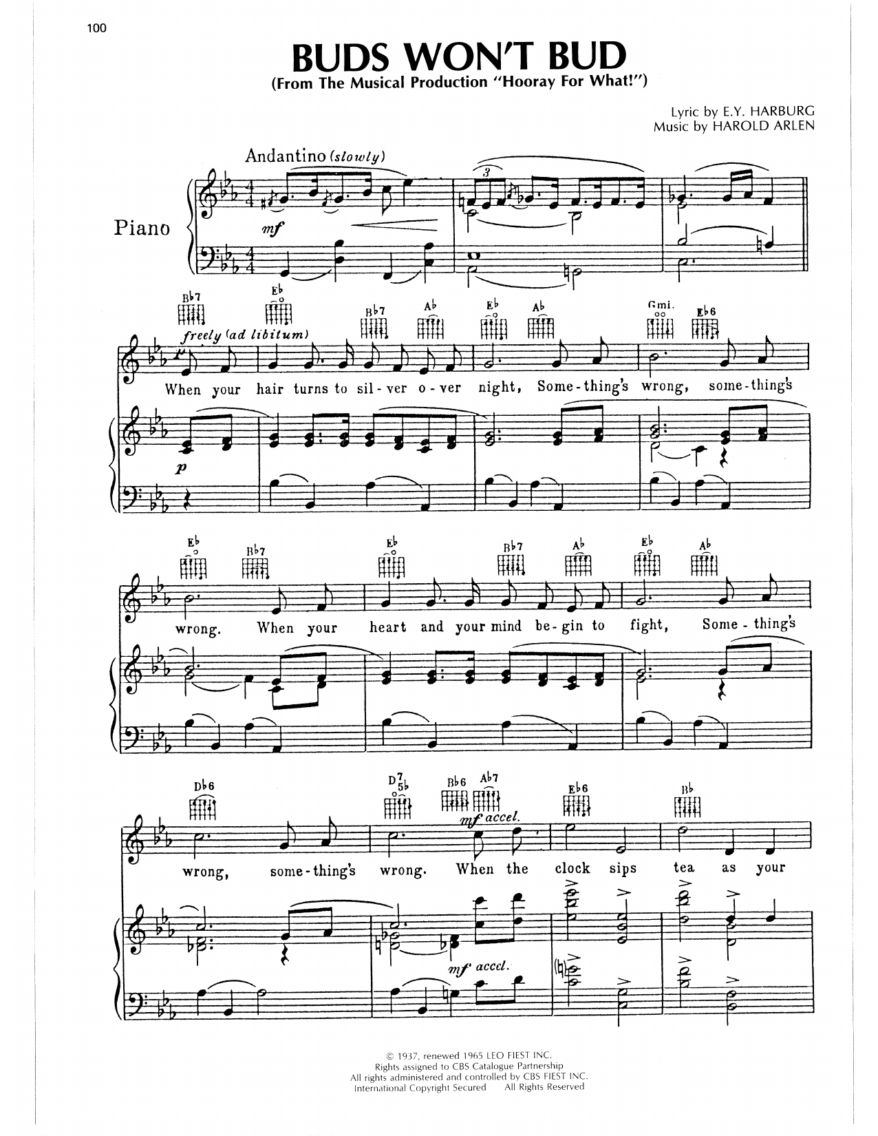 Download Harold Arlen Buds Won't Bud Sheet Music and learn how to play Piano, Vocal & Guitar Chords (Right-Hand Melody) PDF digital score in minutes