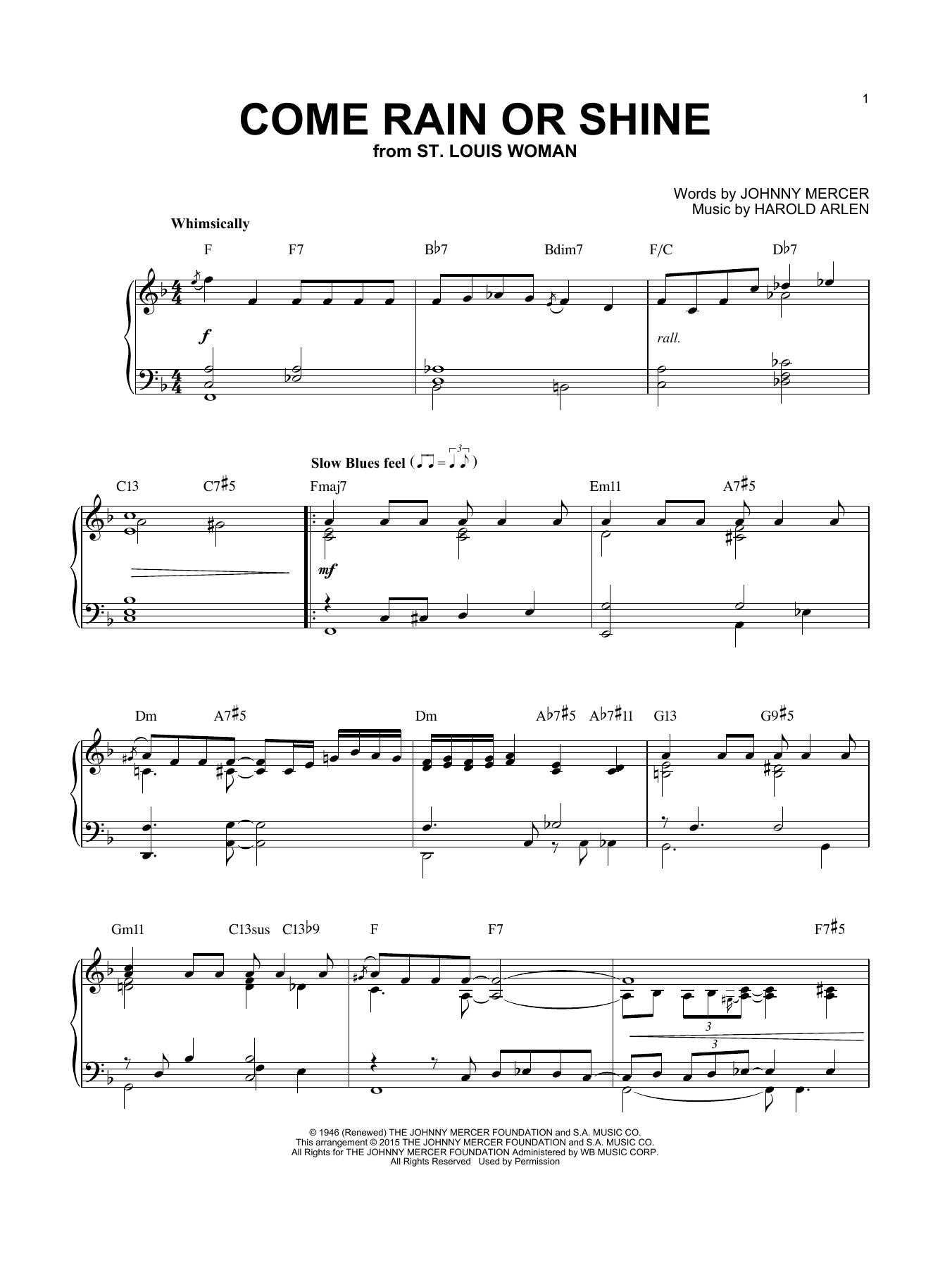 Download Harold Arlen Come Rain Or Come Shine Sheet Music and learn how to play Piano PDF digital score in minutes