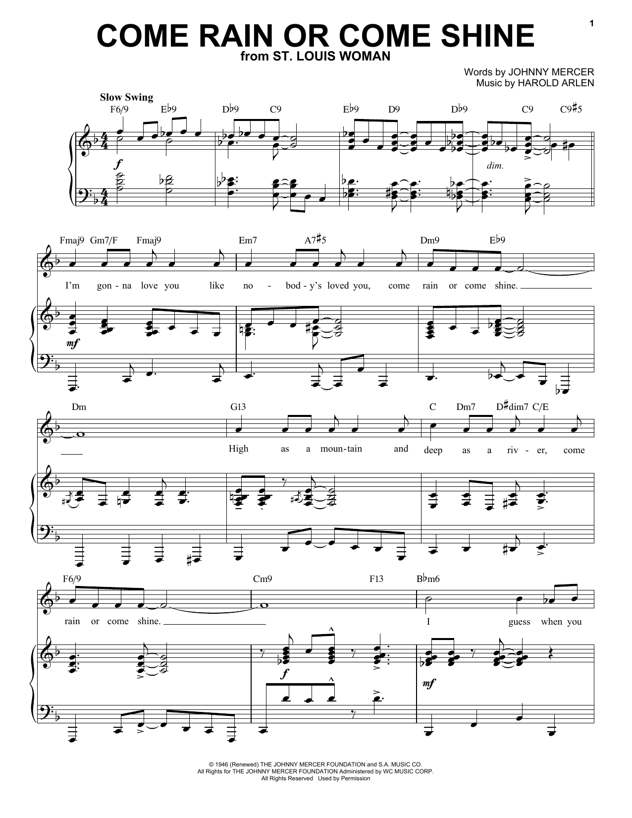 Download Harold Arlen Come Rain Or Come Shine [Jazz version] (from St. Louis Woman) (arr. Brent Edstro Sheet Music and learn how to play Piano & Vocal PDF digital score in minutes