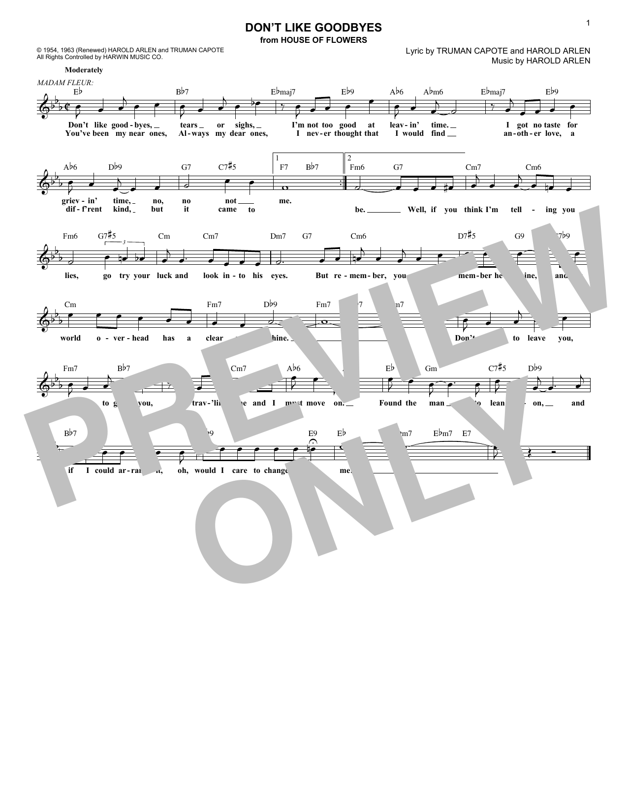 Download Harold Arlen Don't Like Goodbyes Sheet Music and learn how to play Piano, Vocal & Guitar Chords (Right-Hand Melody) PDF digital score in minutes