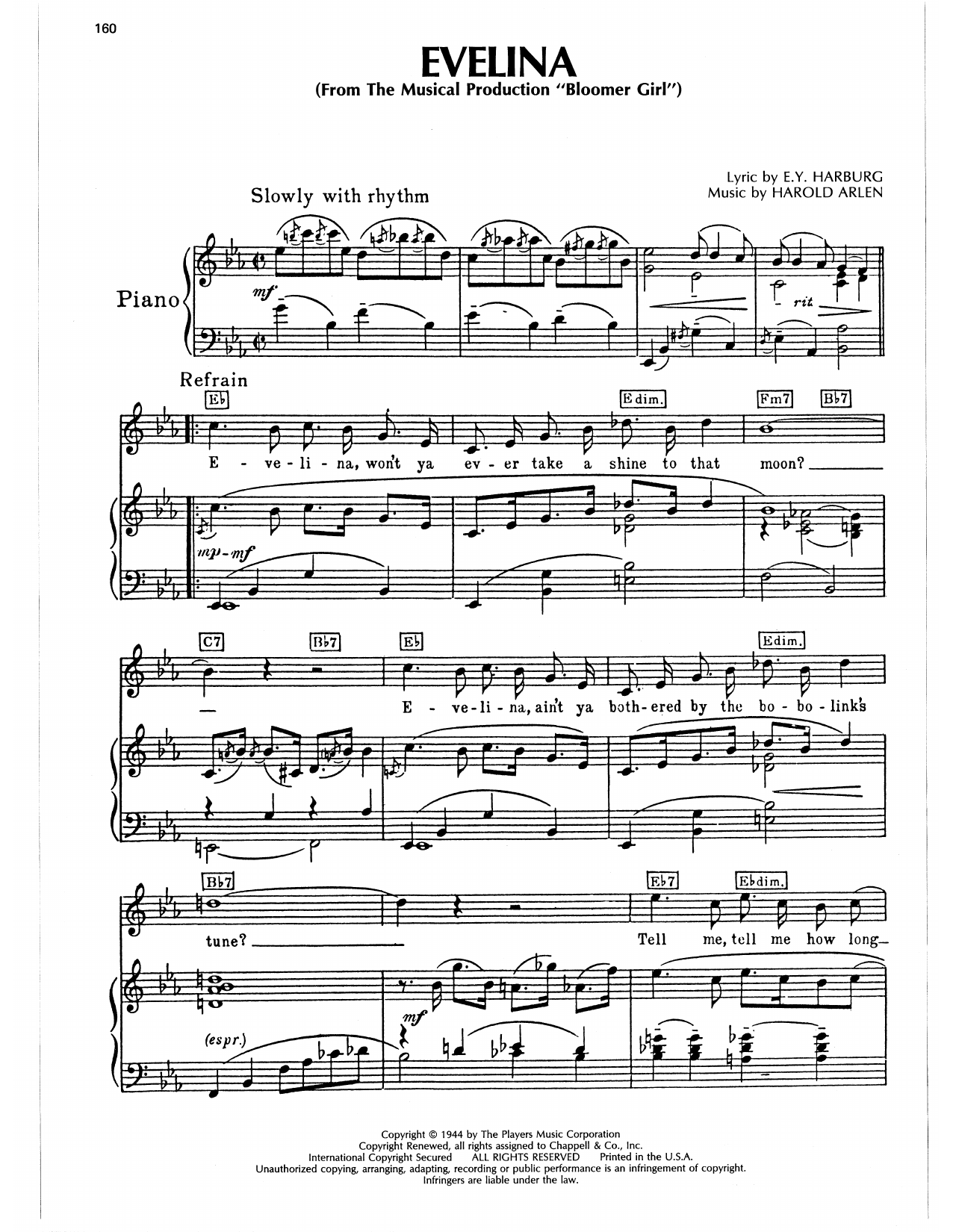 Download Harold Arlen Evelina (from Bloomer Girl) Sheet Music and learn how to play Piano, Vocal & Guitar Chords (Right-Hand Melody) PDF digital score in minutes