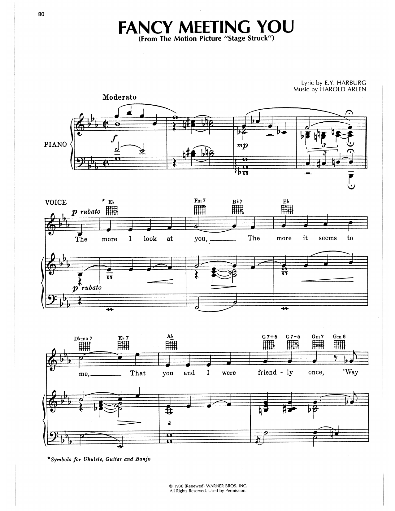 Download Harold Arlen Fancy Meeting You Sheet Music and learn how to play Piano, Vocal & Guitar Chords (Right-Hand Melody) PDF digital score in minutes